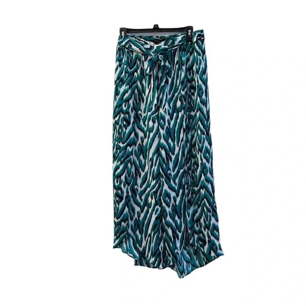 AVA & AIDEN Self-Tie Pants Size Small Teal Zebra Ikat Slit Hem Flare Leg New